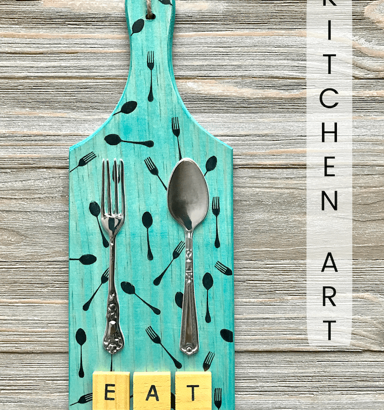 Make this colorful Fork and Spoon Kitchen Art using vintage adhesive embellishments instead of actual utensils! Yes, the fork and spoon are dimensional stickers! So fun and so many possibilities!