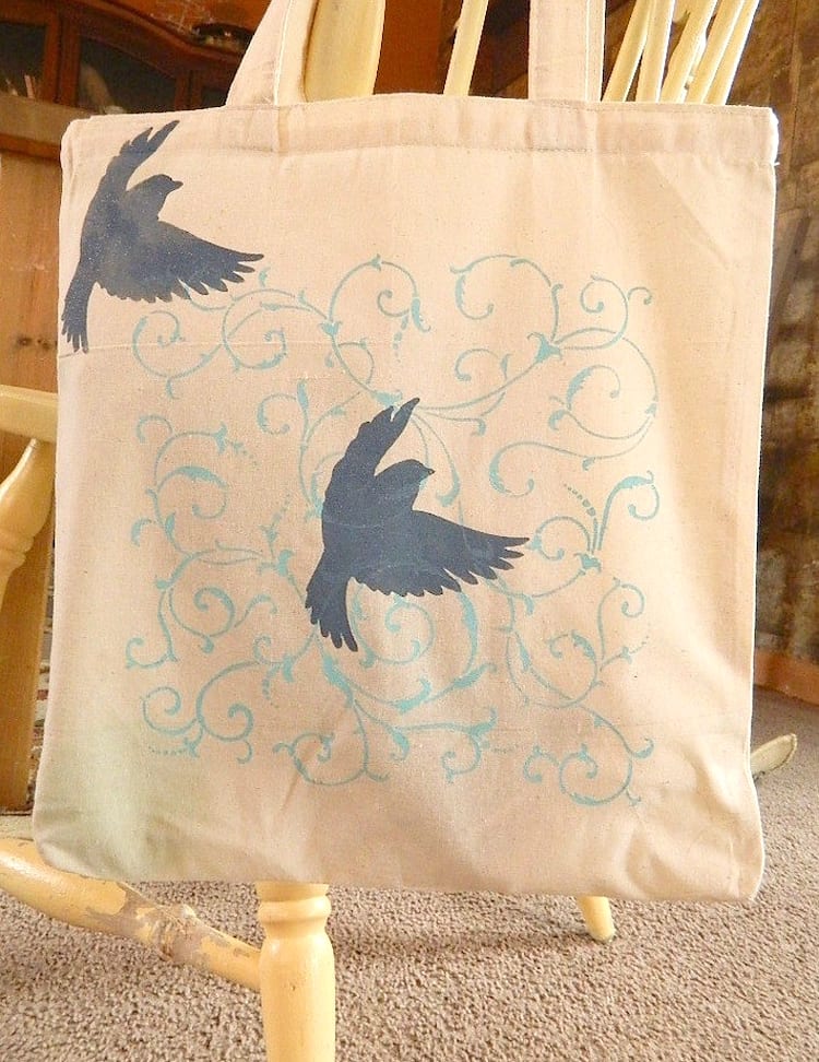 bird stencil on canvas tote bag