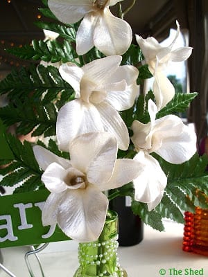 white silk fabric flowers used in the 60th anniversary centerpiece