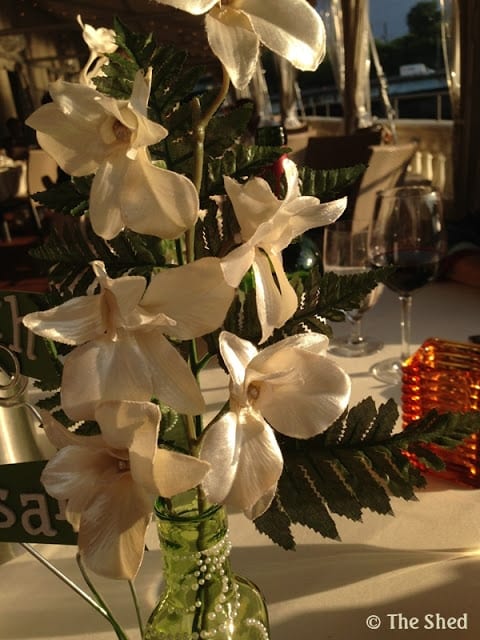 Up close shot of the white silk fabric flowers - 60th anniversary centerpiece