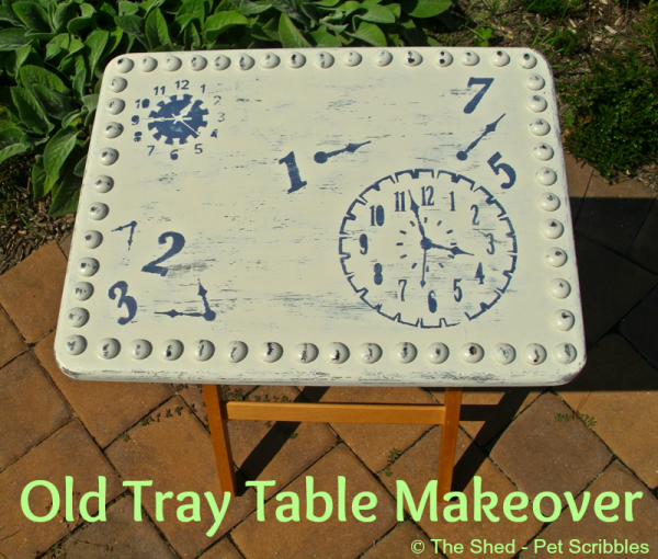 Old Tray Table Makeover - with paint, stencils, sanding and DIY "faux" hobnails!