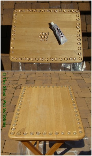 To mimic a hobnail border, adhere basic glass gems to your wood surface! Then paint everything!