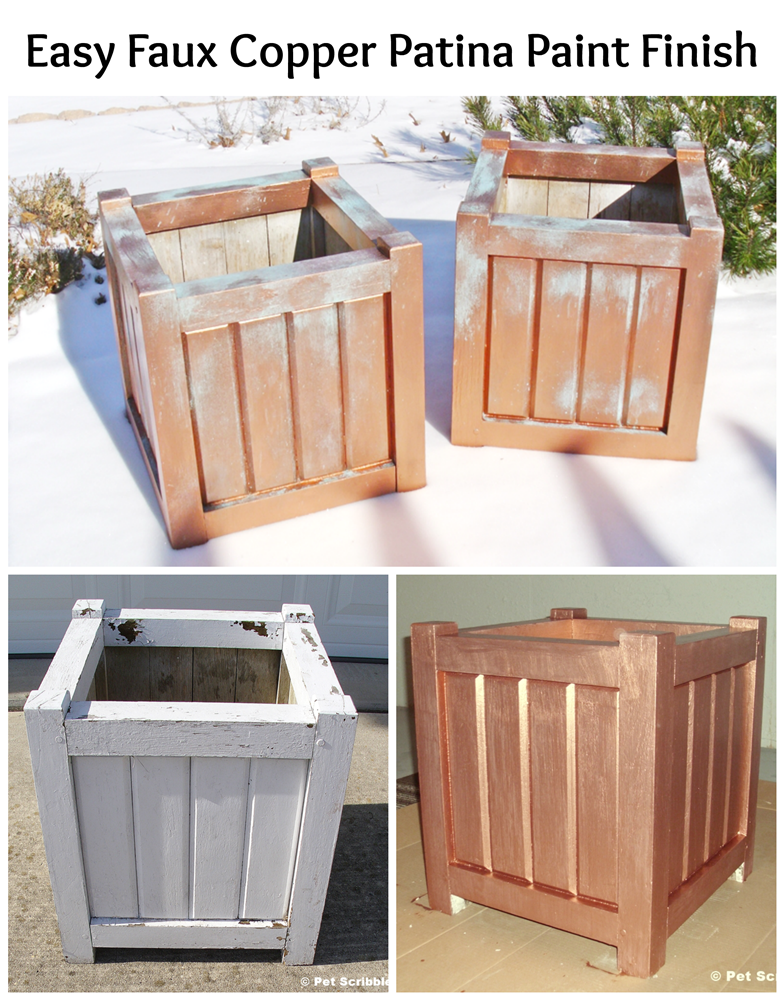 Transform old wooden planter boxes with an easy faux copper patina paint finish! Complete DIY! #ModernMasters Transform old wooden planter boxes with an easy faux copper patina paint finish! Complete DIY! #ModernMasters