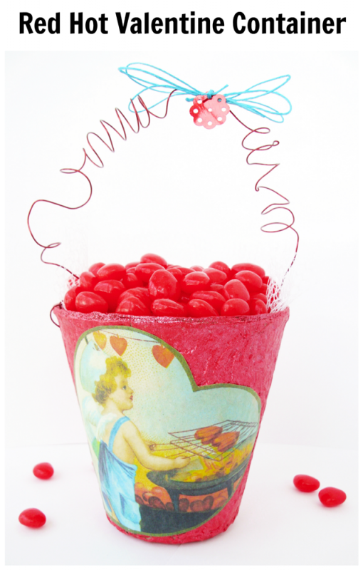This Red Hot Valentine Container is a sweet, vintage-style gift idea for Valentine's Day. Use Mod Podge and a peat pot for heart-shaped cinnamon candy!