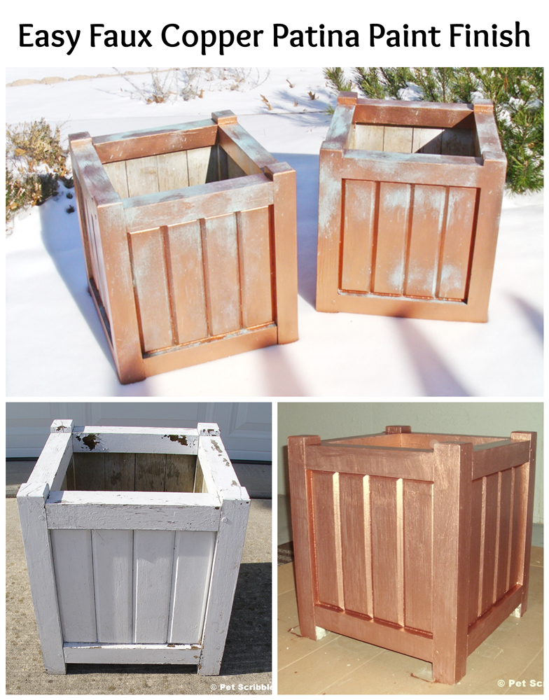 Easy Faux Copper Patina Paint Finish on large wooden planter boxes: a fun DIY!