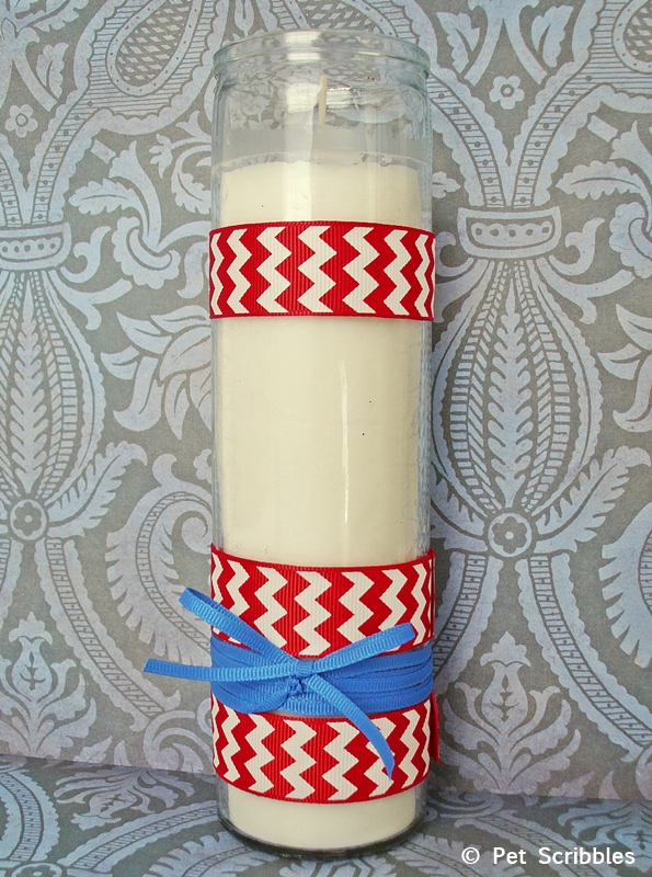 Patriotic Candle DIY: with the easiest way to attach ribbon! (Great tip for DIY Wedding candles too!) #ribbonHOA