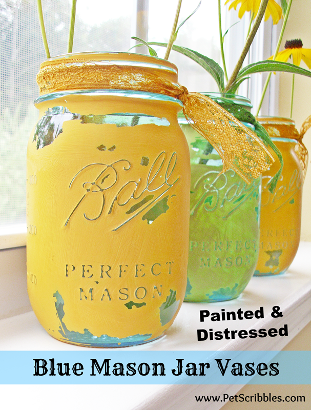Blue Mason Jar Vases: painted and distressed! (tutorial)
