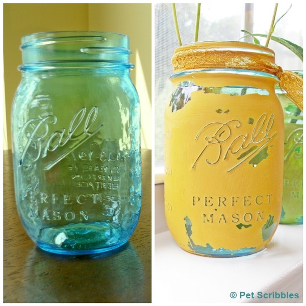 blue glass mason jars painted