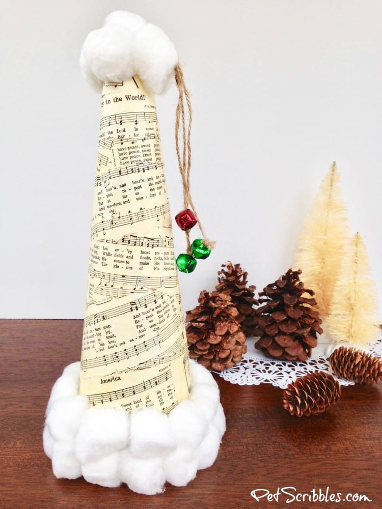 Sheet Music Santa Hat made with a Styrofoam cone, sheet music and Mod Podge!