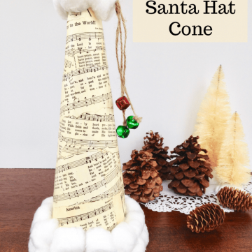 Sheet Music Santa Hat made with a Styrofoam cone, sheet music and Mod Podge!