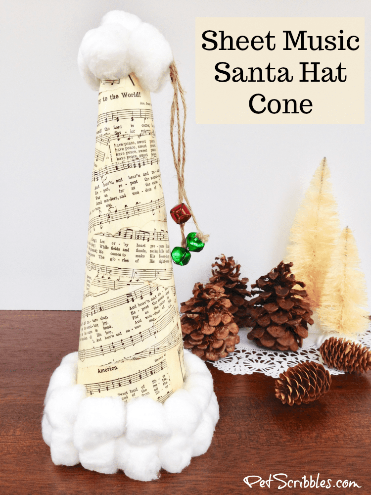 Sheet Music Santa Hat made with a Styrofoam cone, sheet music and Mod Podge!