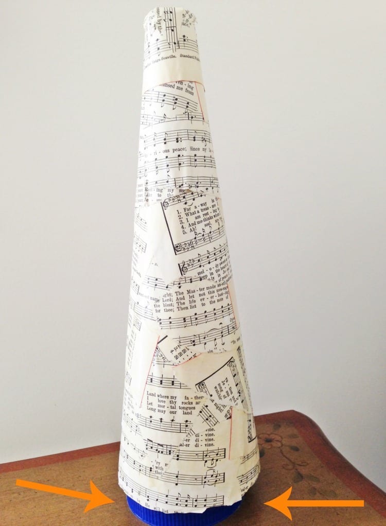 Sheet Music Santa Hat made with a Styrofoam cone, sheet music and Mod Podge!