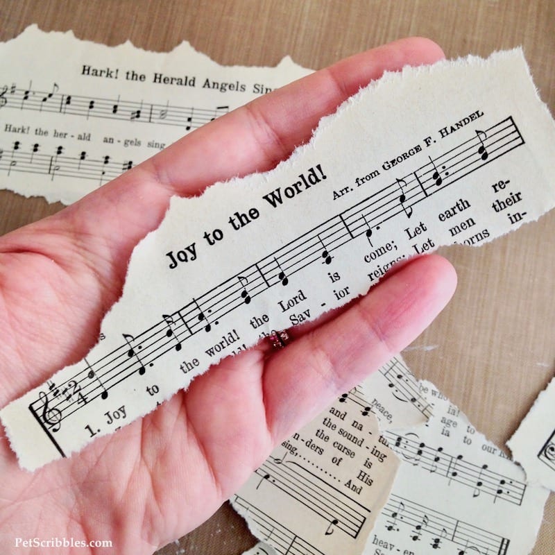 Sheet Music Santa Hat made with a Styrofoam cone, sheet music and Mod Podge!