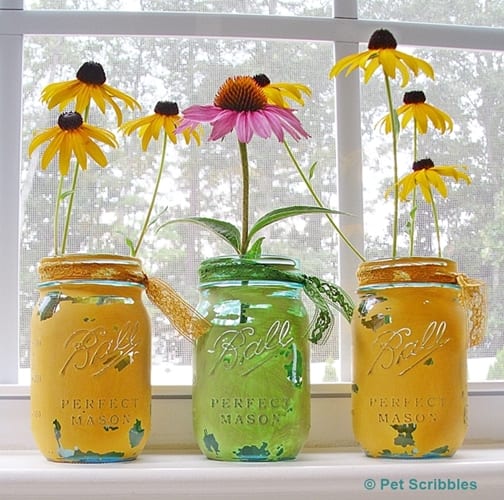 painted distressed blue glass mason jars