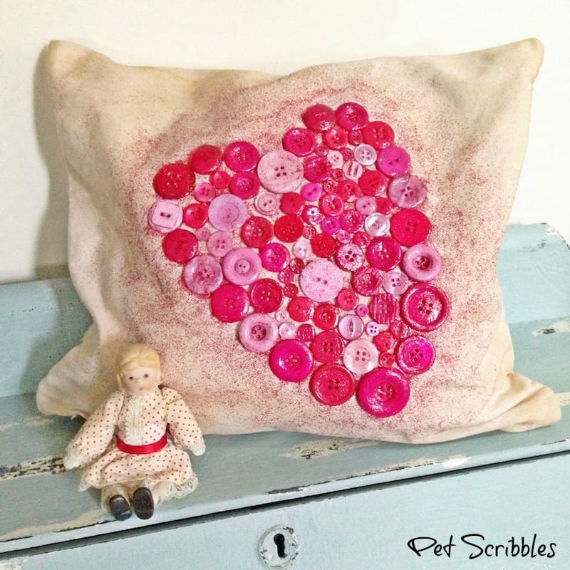 Shabby Heart Button Pillow for Valentine's Day