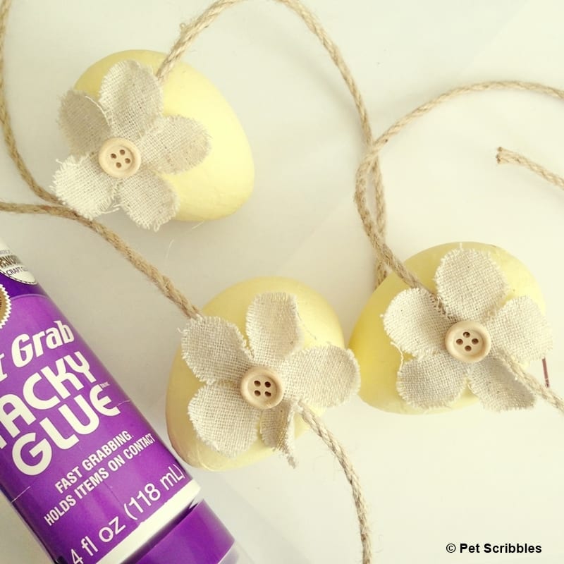 burlap flowers on Easter eggs