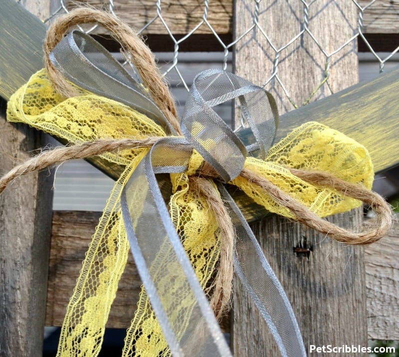 grey and yellow bow for rustic chicken wire heart