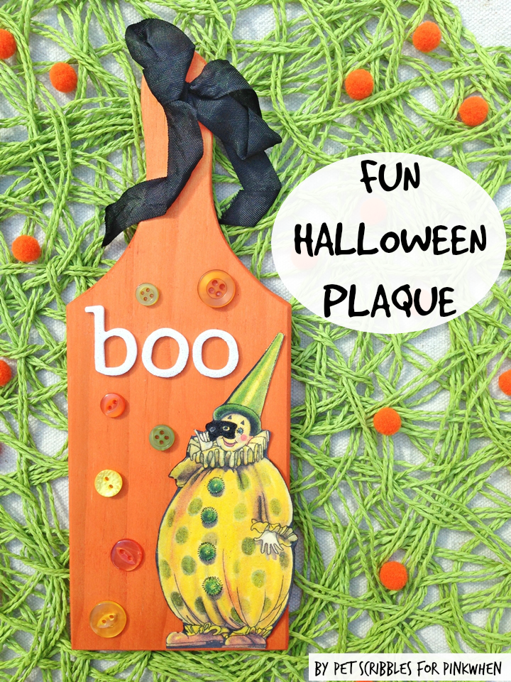 Fun Halloween Plaque using buttons and a vintage image, with the wood paddle dyed instead of painted! The vintage seam binding is the finishing touch! 