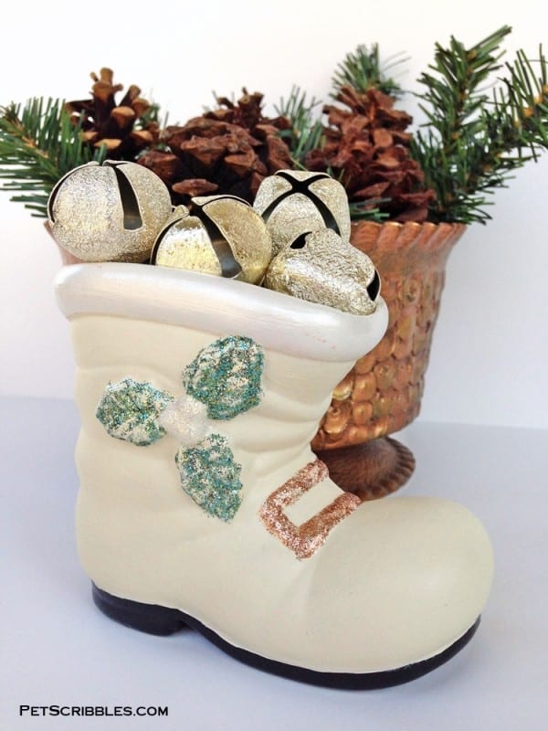 A vintage Santa boot gets a pretty makeover for a white Christmas! I love how easy it is to do with paint and glitter glue!