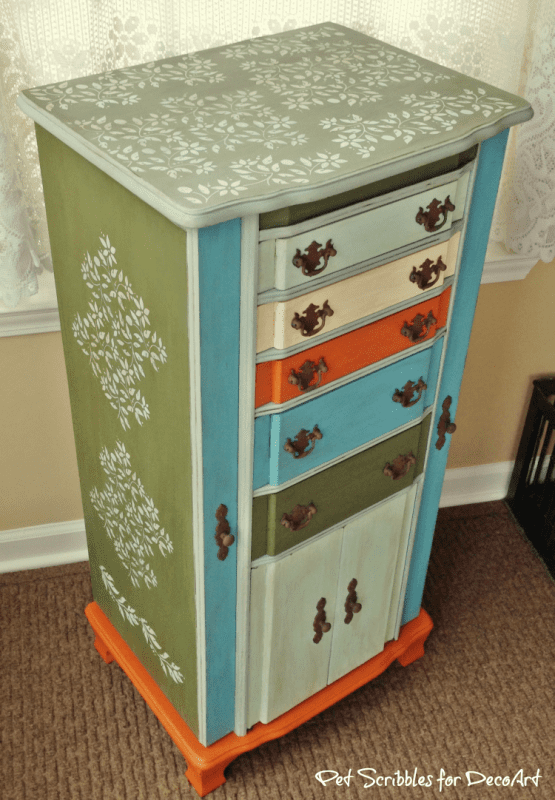 Vintage Jewelry Armoire Makeover with Paint and Stencils