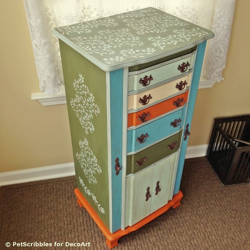 Vintage Jewelry Armoire Makeover with Paint and Stencils