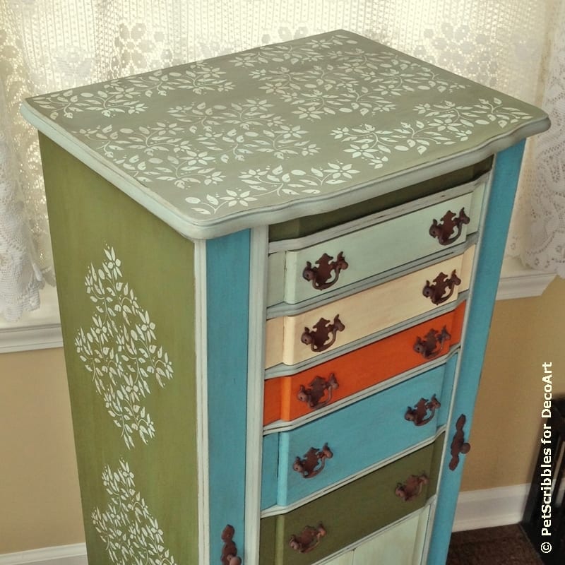 Vintage Jewelry Armoire Makeover with Paint and Stencils