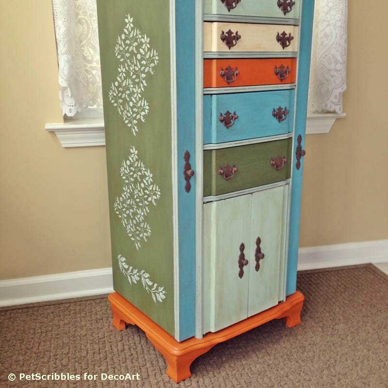 Vintage Jewelry Armoire Makeover with Paint and Stencils