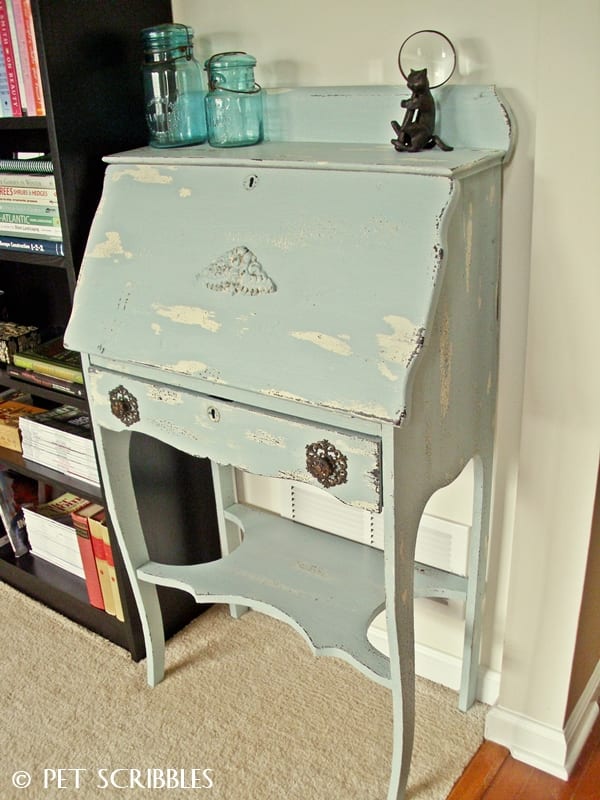 Chippy Paint Finish on Antique Secretary Desk: how to make a colorful chippy paint look you'll love!