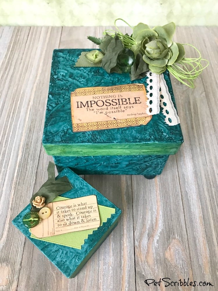 Painted Mixed Media Paper Maché Boxes: my happy accident mixing chalk paint and glimmer mist!
