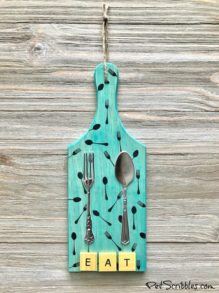 Make this colorful Fork and Spoon Kitchen Art using vintage adhesive embellishments instead of actual utensils! Yes, the fork and spoon are dimensional stickers! So fun and so many possibilities!