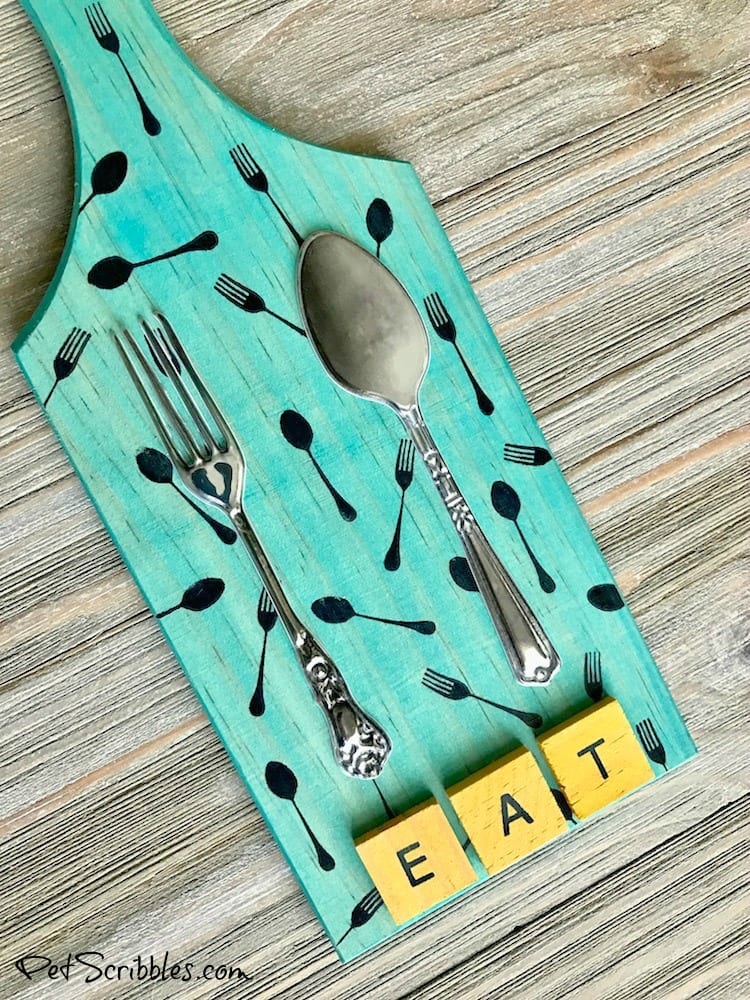 Make this colorful Fork and Spoon Kitchen Art using vintage adhesive embellishments instead of actual utensils! Yes, the fork and spoon are dimensional stickers! So fun and so many possibilities!