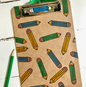 Easy-to-make, useful Teacher Gift: Stamped Pencil Clipboard and Magnet -- made with a simple pencil stamp!