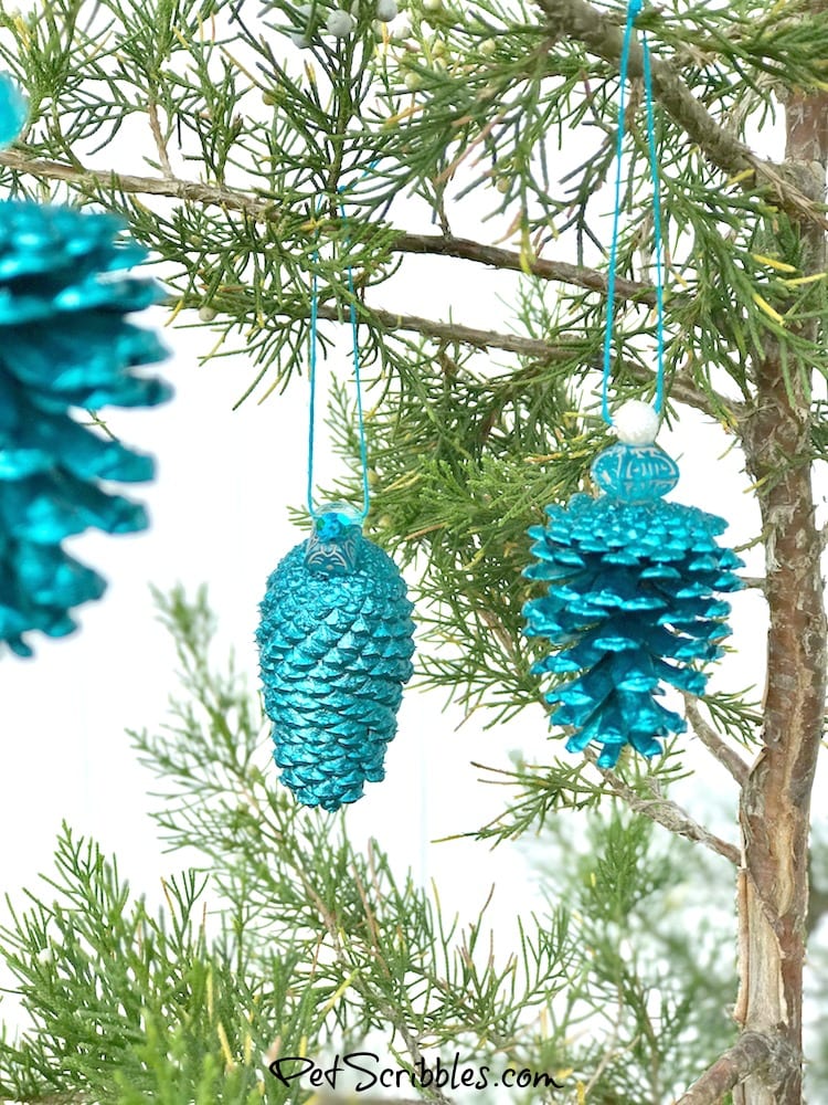 hand painted teal pinecone ornaments