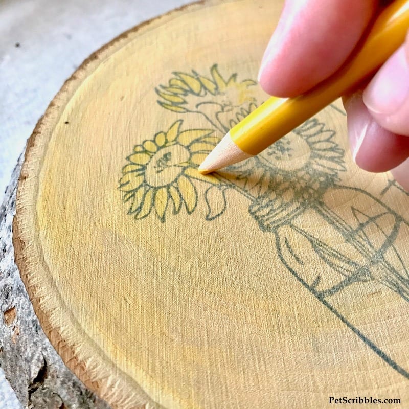 using colored pencils on a wood slice