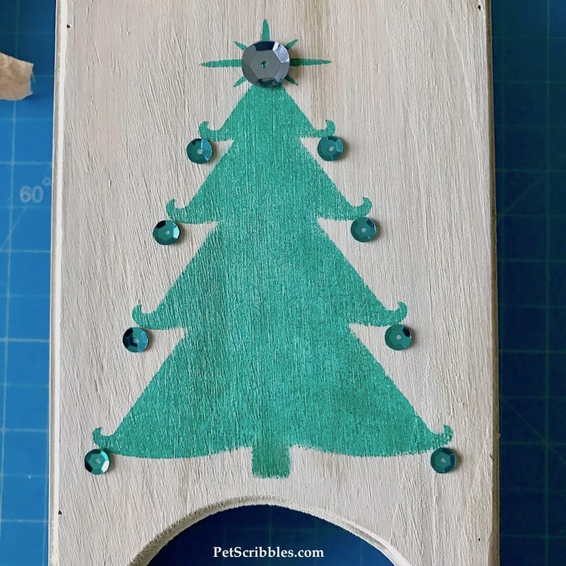 sequins attached to painted Christmas tree stamped image