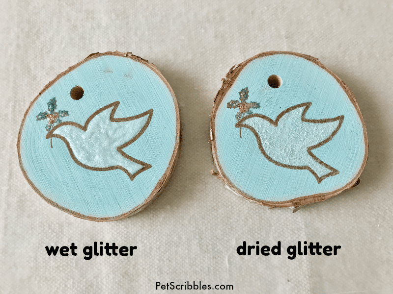 glitter on wood slice ornaments