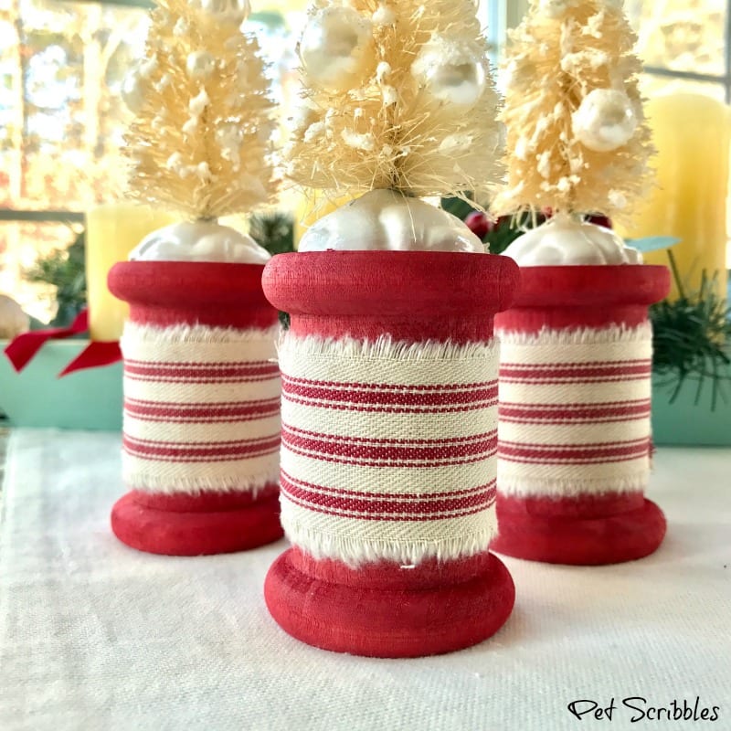close up of red spools underneath ivory bottle brush trees