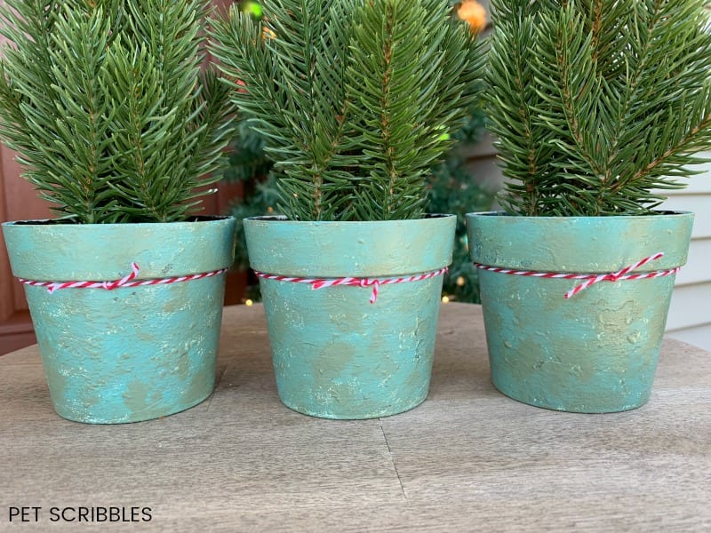 three chalk painted pots tied with bakers twine