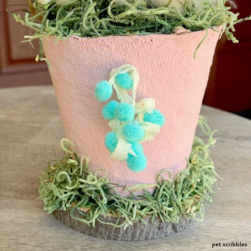 vintage trim on Easter peat pot decoration