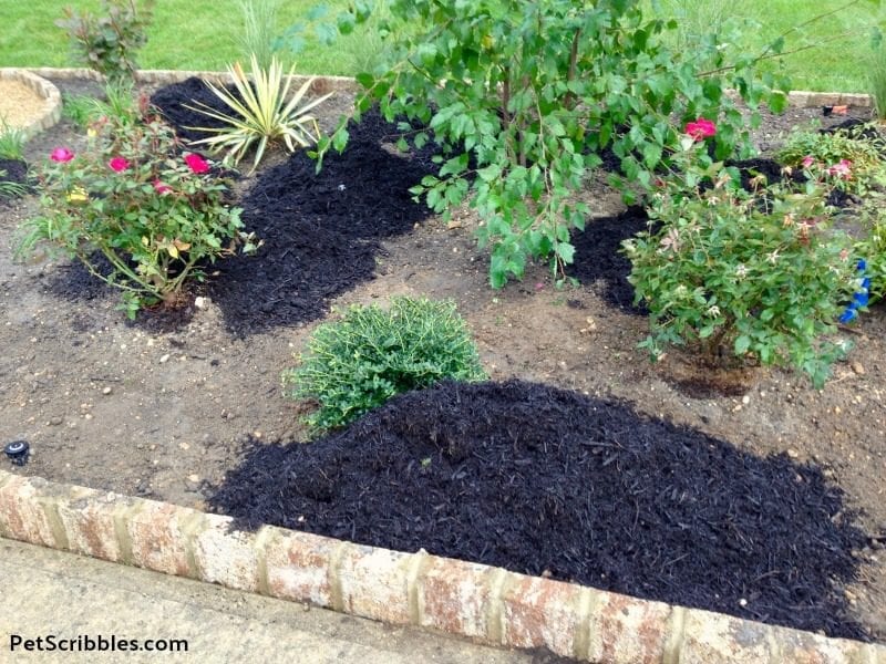 black mulch being added to a garden bed