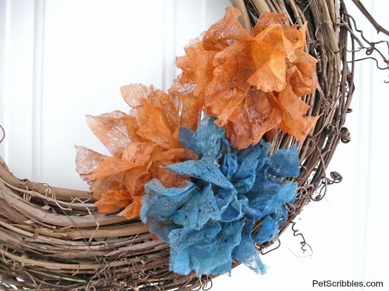 orange and teal dryer sheet flowers