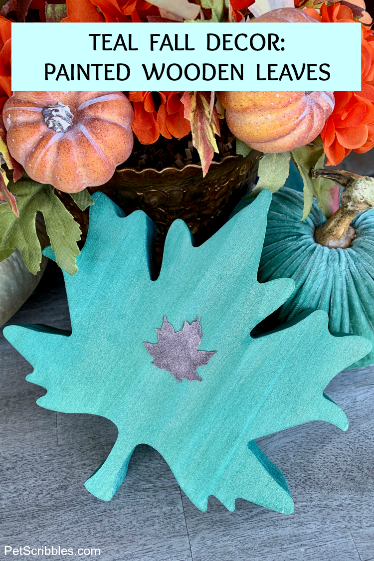 Teal Fall Decor Painted Wooden Leaves Pet Scribbles