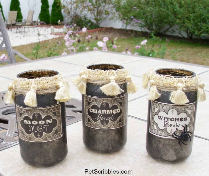 front of Halloween apothecary jars