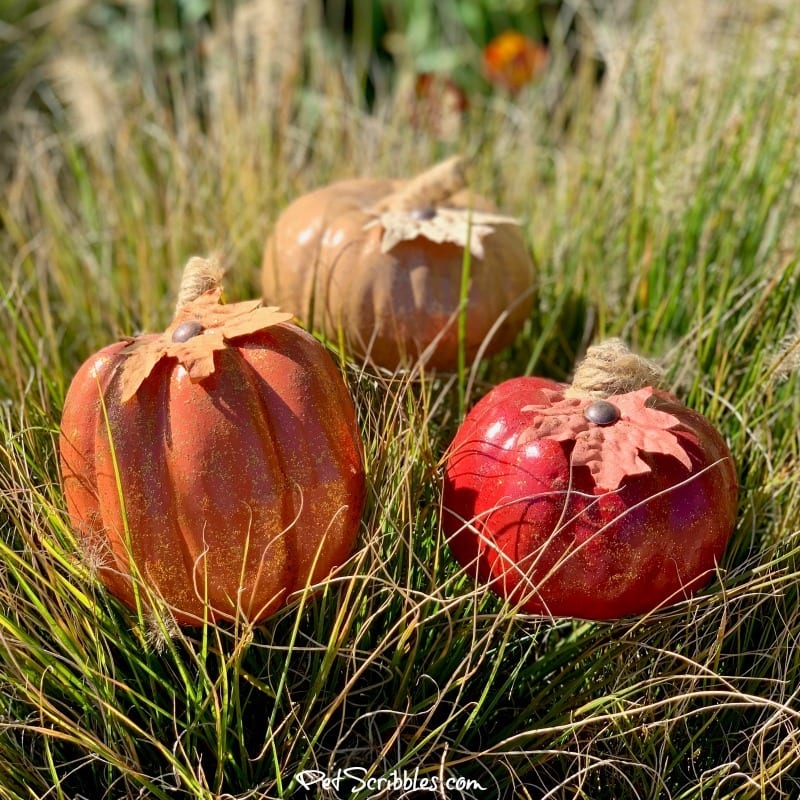 glittered pumpkins and ornamental grasses