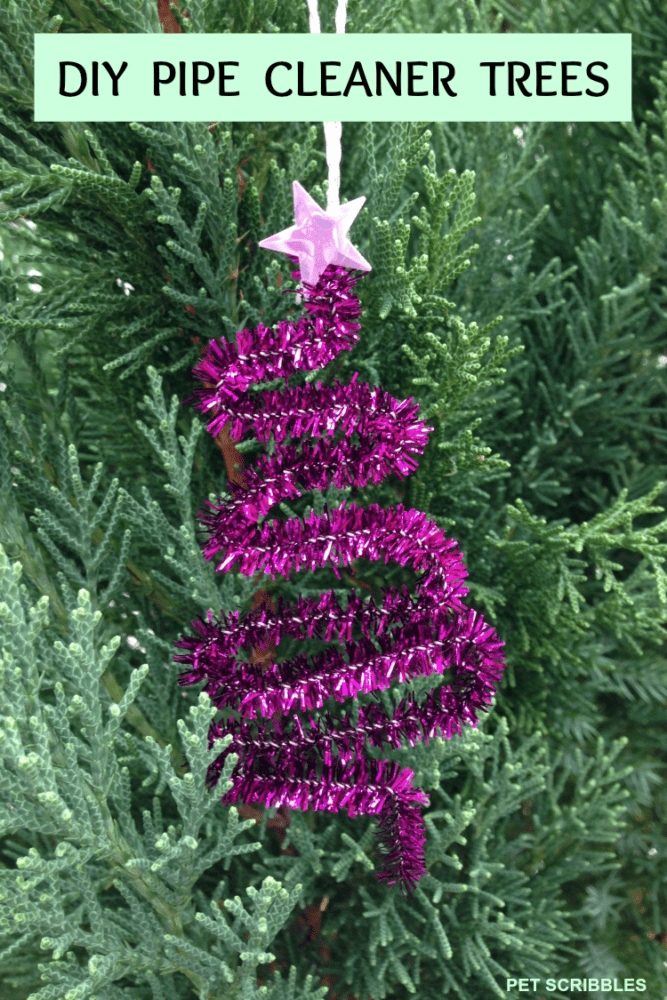 purple pipe cleaner tree ornament hanging on tree