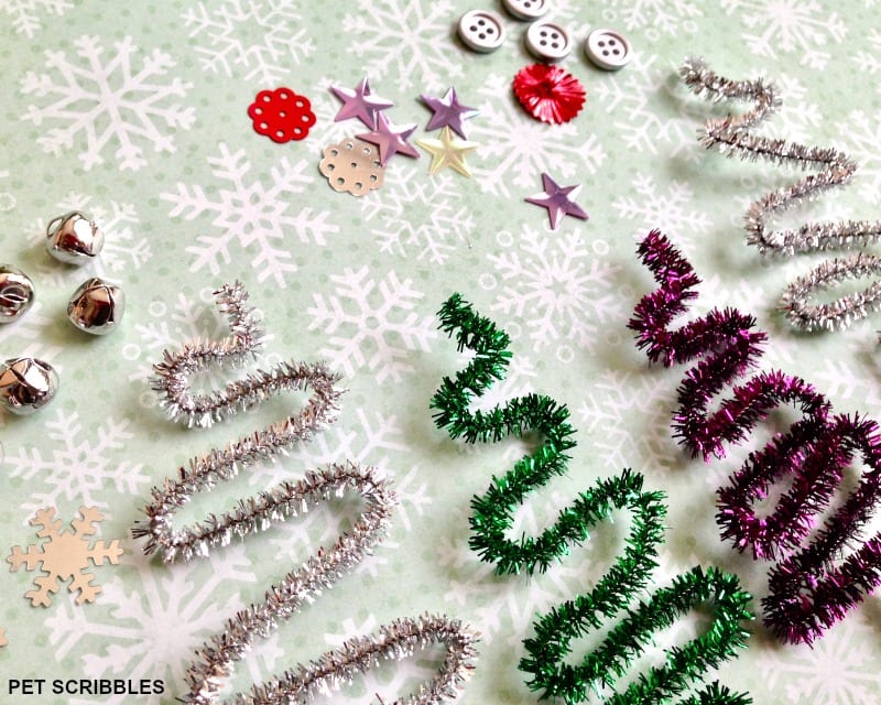 pipe cleaner tree ornaments: sequins, buttons, jingle bells, beads