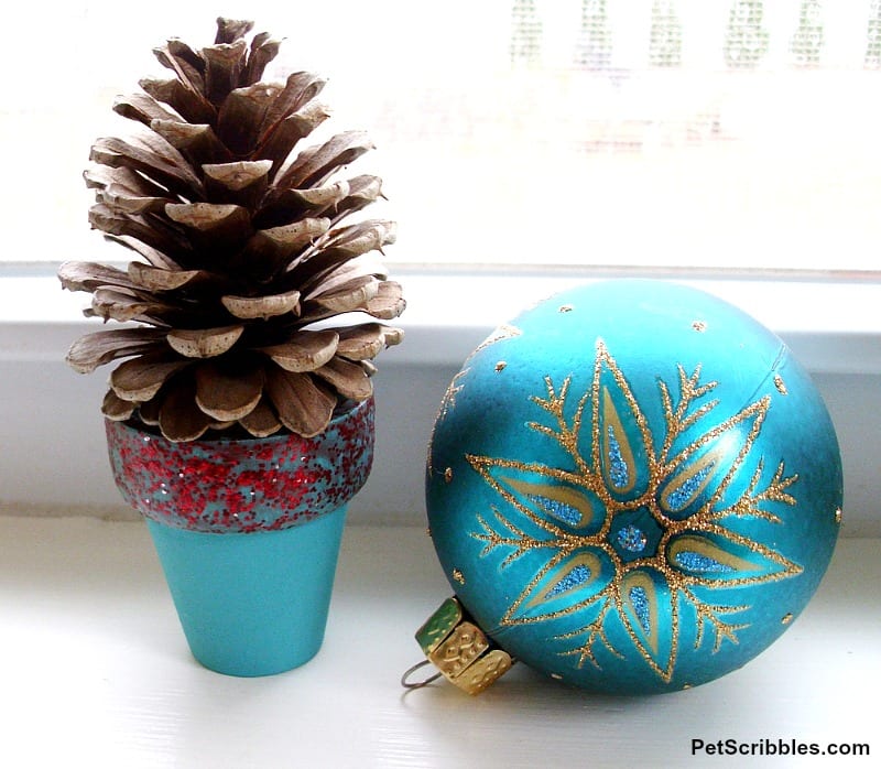 mini pinecone tree in teal pot