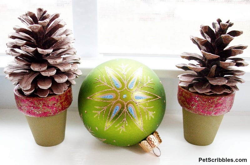 mini pinecone trees in green pots
