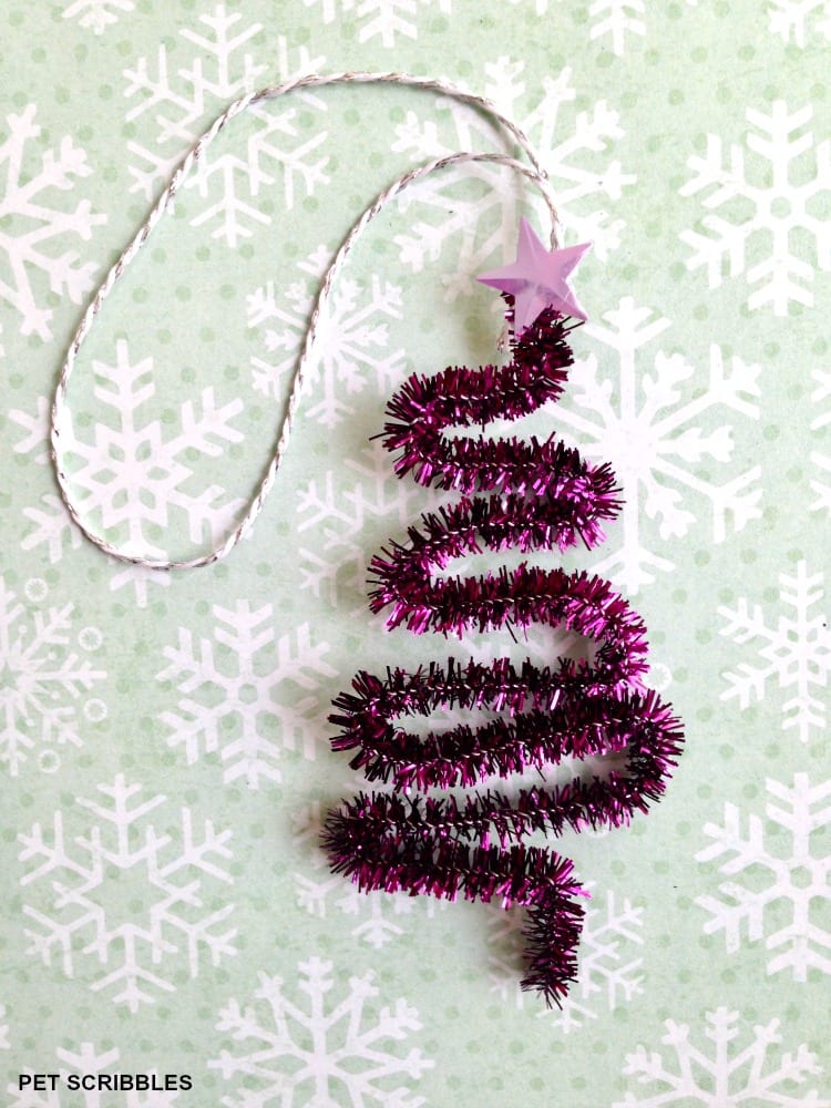 purple tinsel pipe cleaner ornament with tiny star