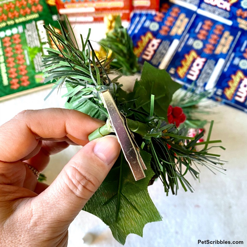 metal clip on Christmas floral ornament up close